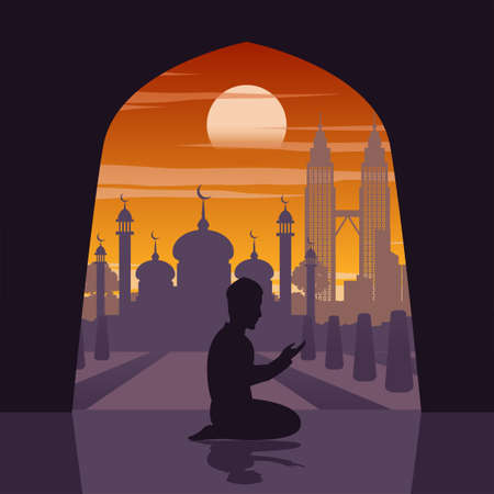 Silhouette of activities of people at famous landmark muslim man pray in mosque in Malaysia,vector illustrationのイラスト素材