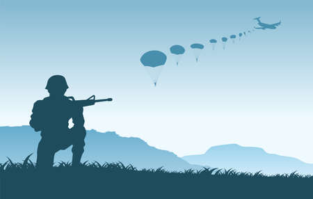 Background of war in situation of  paratooper soldier sitting and ready to shoot,vector illustrationのイラスト素材
