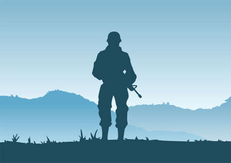 Background of war in situation of soldier standing and hold gun to defend army base,vector illustrationのイラスト素材