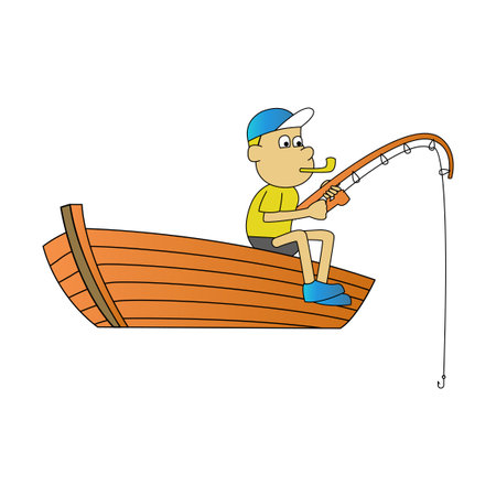 cute of man fishing on cartoon version,vector illustrationのイラスト素材