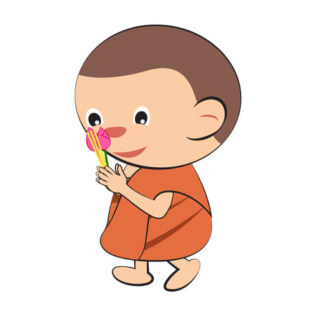 Clipart of cartoon version of monk hold candle and walk around the temple,vector illustrationのイラスト素材