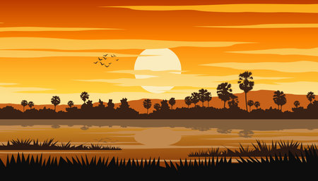 Thai rural life and pond on sunset time with palm tree,vector illutrationのイラスト素材