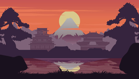 Silhouette design of landscape view of japan on sunset time,vector illutrationのイラスト素材