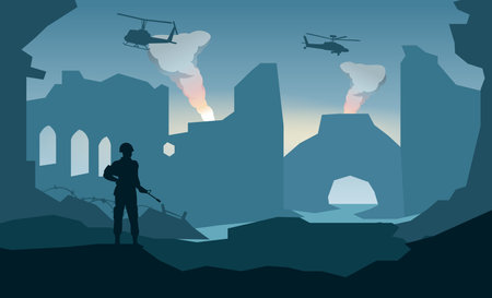 Silhouette design of soldier standing and hold gun in the city after of the war,vector illustrationのイラスト素材