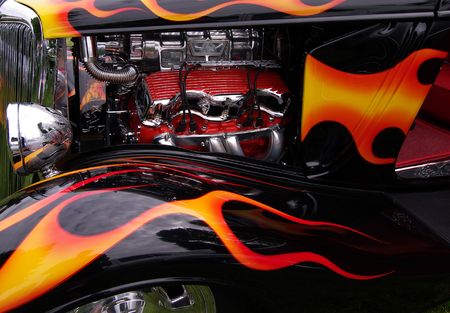 Engine bay and flame paint job on hot rod     の写真素材