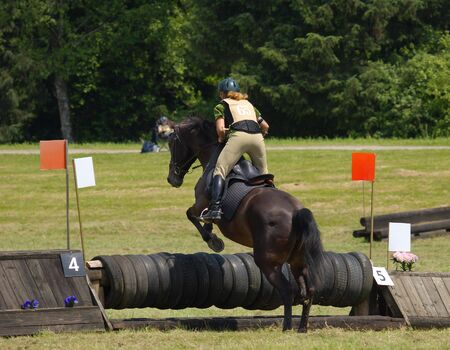 horse and rider taking jumpの写真素材