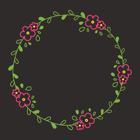 Floral colorful line wreath or circle frame with pink bloomsのイラスト素材