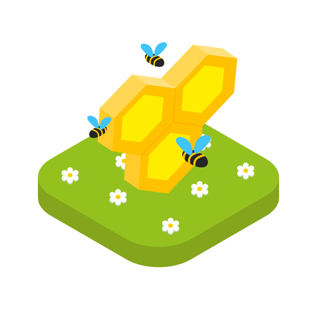 Isometric honeycomb with bees isolated, beekeeping concept vectorのイラスト素材