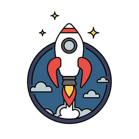 Retro colored rocket icon or circular badge isolated, innovation or startup conceptの写真素材
