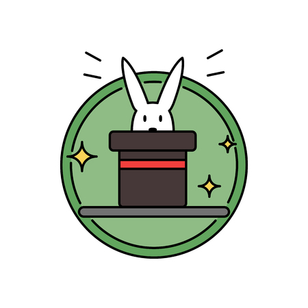 Rabbit inside magician hat, funny magic trick concept circle badgeのイラスト素材