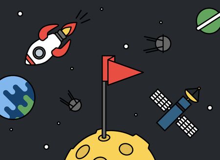 Moon with flag and universe around - rocket, earth, satellites and space station retro style, achievement or success concept.のイラスト素材