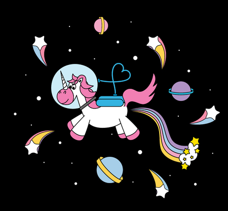 Cute unicorn in the universe with spacesuit on black background vectorのイラスト素材
