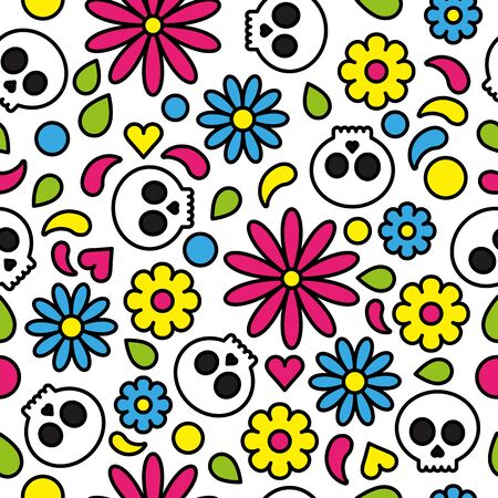Skull seamless pattern day of the dead cute floral bright colorfulのイラスト素材