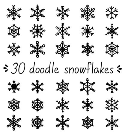 Doodle snowflakes set of isolated handdrawn snow ornamentsのイラスト素材