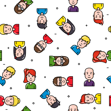 Cute young people seamless pattern with white background black outline teamwork conceptのイラスト素材