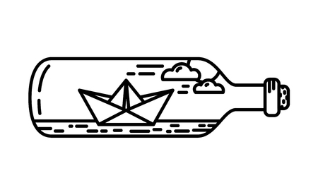 Paper boat origami inside the bottle isolated outlineのイラスト素材
