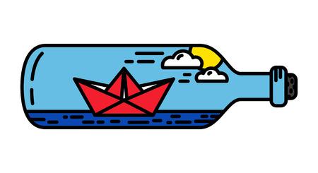Paper boat origami inside the bottle colorful isolated outline vectorのイラスト素材