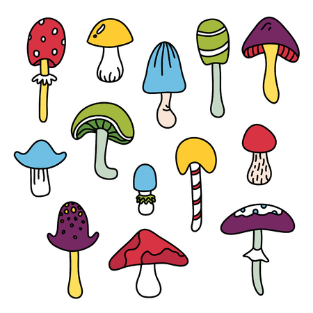 Colorful isolated mushroom hand draw black outline doodle vectorのイラスト素材