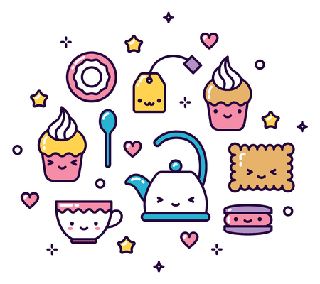 Kawaii tea party items cute isolated vectorのイラスト素材