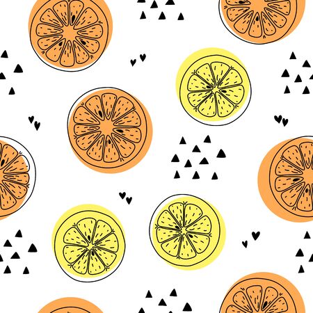 Citrus lemon and orange seamless pattern hand drawn ink outlineのイラスト素材