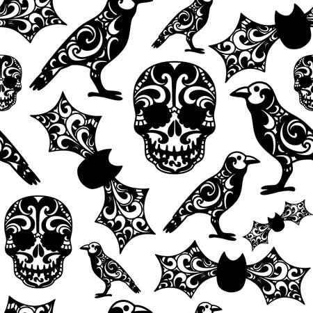 Halloween gothic tribal seamless pattern black drawing with skull, bats and ravenのイラスト素材