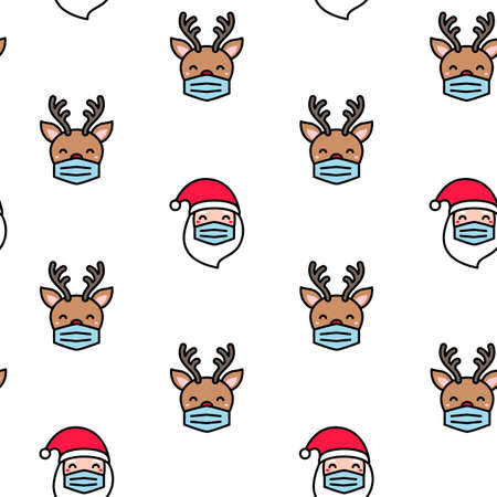Funny Santa Claus reindeer with face mask seamless patternのイラスト素材
