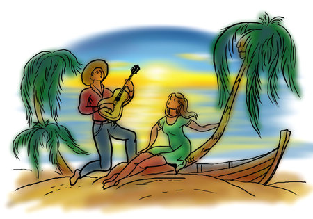 Young man and woman on tropical beachの写真素材