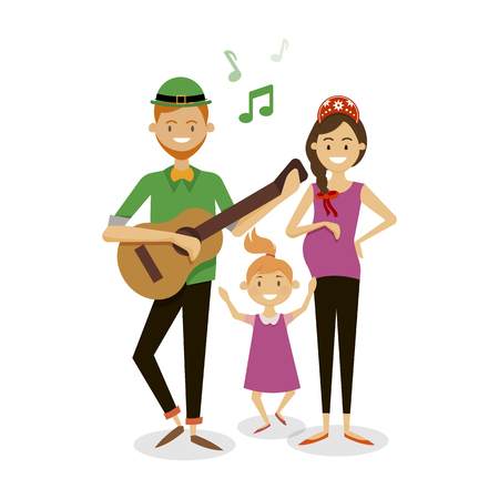 Happy European family dancing to the music of guitars.のイラスト素材