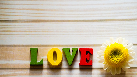 The word "Love" was laid out with wooden letters and 1 chamomile on the table.の写真素材