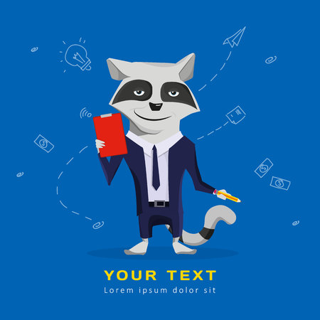 Raccoon in coat and tie holding a tablet and pencil, a businessman.のイラスト素材