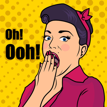 Surprised woman in red dress and red headband in her hair in the style of pop art.のイラスト素材