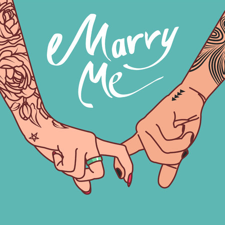 Hand image with tattoos of a young couple clasped with index fingers with the words "Marry me"のイラスト素材