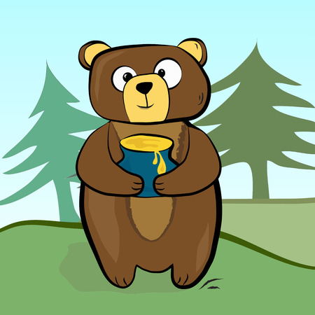 Bear standing with a pot of honey in his paws on the background of the forest.のイラスト素材
