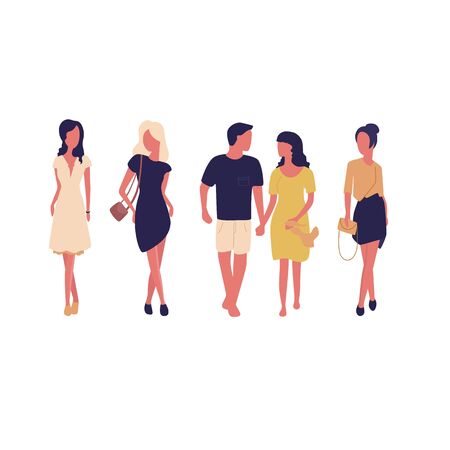 Group of women isolated on white background. Fashion and shopping. Women in the dresses, one woman with a boyfriend.のイラスト素材