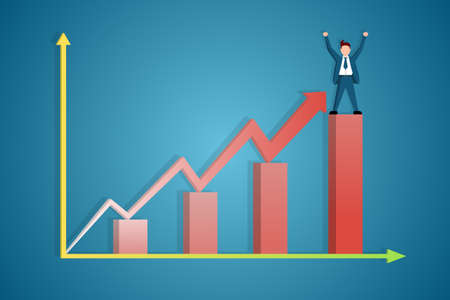 Infographic of the Manager's success rate in the form of a chart. The Manager stands at the peak of the chart with his hands raised in happiness.のイラスト素材