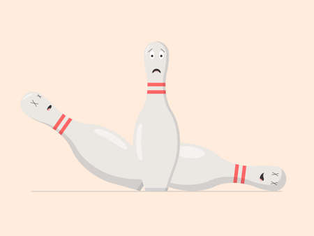 Bowling pins in cartoon style, 2 fall with a lifeless face, 1 stands with a surprised and confused face.のイラスト素材