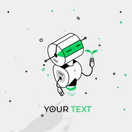 The robot holds a green leaf in its hand. An illustration of an eco-friendly future. Caring for nature.のイラスト素材