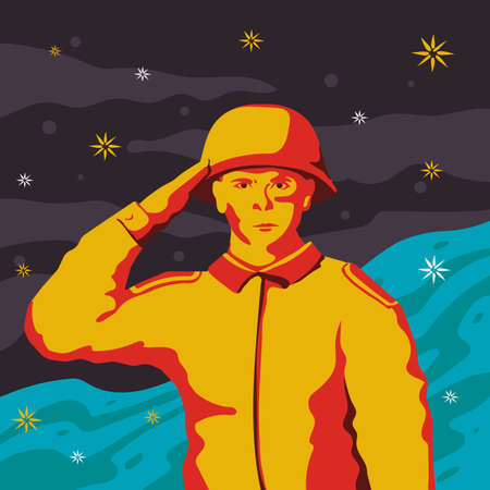 A military boy makes a military salute. Pop art in the Soviet style. The poster.のイラスト素材