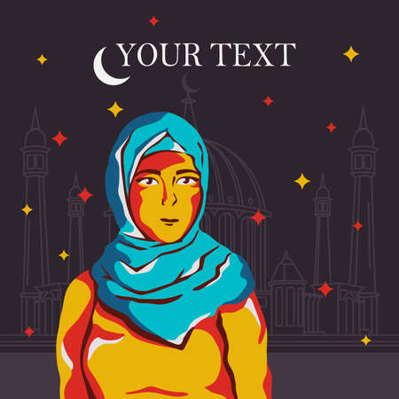 Oriental girl standing in a hijab on the background of a mosque. An illustration for Ramadan, Arab countries, and everything related to Eastern culture.のイラスト素材