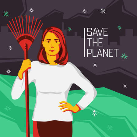 A girl stands with a rake for cleaning leaves. Motivation for preserving the nature of the planet with the inscription "Save the planet".のイラスト素材