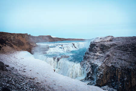 Gullfoss waterfall during the cold season, Icelandの写真素材