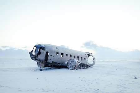 Iceland's south coast tourist attraction. Solheimasandur plane crash on black sand beachの写真素材