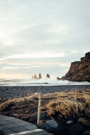 Reynisdrangar viewpoint over Black Sand Beach in Vik, Icelandの写真素材