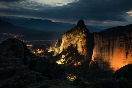 Meteora rock formation in Kalambaka, Greece at night: a geological phenomen. High quality photoの写真素材