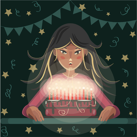 Girl blows out candles on a birthday cake.のイラスト素材