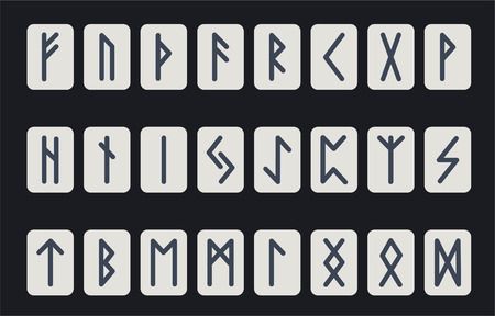 Set of ancient Norse runes. Runic alphabet, Futhark. Ancient occult symbols. Vector illustration. Old Germanic letters on a dark background.のイラスト素材