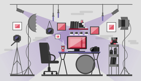 Workplace of the photographer. Photo equipment and desktop.のイラスト素材