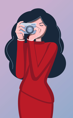 Photographer. Woman and camera. Avatar girls. Portrait of a professional. Vector flat illustration. Blue background. Brunette girl with long hair in red.のイラスト素材