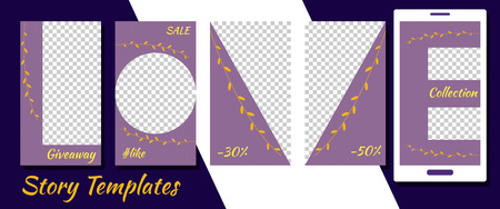 A set of minimalist stories for social networks. Frame. Package to create your unique content. Templates for stories. Stylish purple color. Template for horiz - letters loveのイラスト素材