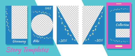 A set of minimalist stories for social networks. Frame. Package to create your unique content. Templates for stories. Blue with sprigs. Love lettersのイラスト素材